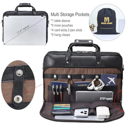 Masa Kawa Leather Briefcase for Men 15.6" 17" Laptop Business Messenger Bag | Computer Sleeve, Travel Luggage Strap, Professional Office Work Lawyer Crossbody Shoulder Attache Case - color: Black - Fits 15.6 Inch Laptop