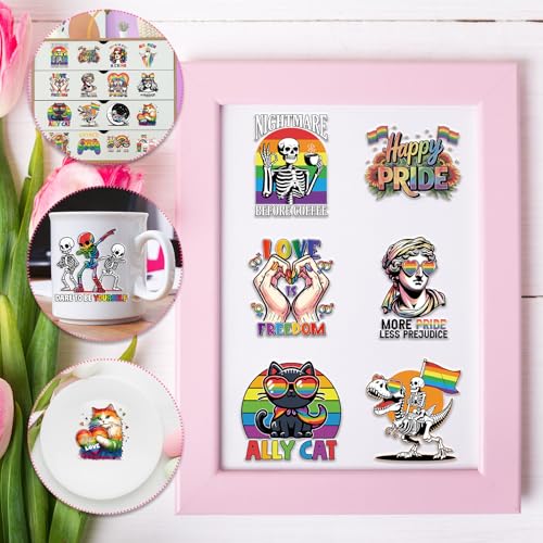 Rngmsi UV DTF Cup Wrap - 20 Sheets Pride Month UV DTF Wraps for 16 oz, LGBTQ Rainbow Love Stickers for Glass Water Botters, Skeleton Cat Rub on Transfer Decals, DIY Pride Accessories Crafts - style: Pride Month
