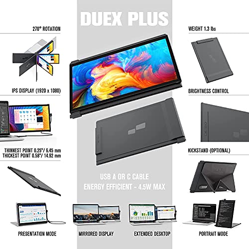 Mobile Pixels Duex Plus Portable Monitor for Laptops, USB C/USB A Plug and Play 13.3" Laptop Screen Extender - color: Duex Plus - 13.3 inch - Black