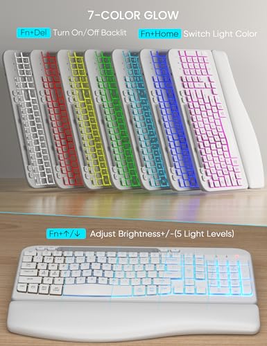 SABLUTE Wireless Keyboard and Mouse Combo - Ergonomic Wave Keyboard with Soft Leather Wrist Rest, Phone Holder, Rechargeable, RGB Backlit Mouse, Full-Size Set for Windows/Mac/Computer (White) - color: White