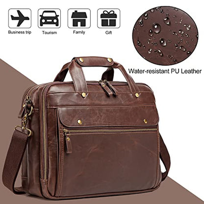 Bosidu Leather Briefcases for Men 15.6 Inch Laptop Messenger Bag with Triple Compartments Water-Resistant Computer Shoulder Bag for Business, Travel, Work, Office, Brown - color: Brown