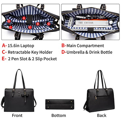 Keyli 4pc Sets Laptop Bag for Women Large Leather Laptop Briefcase with USB Charging Port Computer Shoulder tote Bags Purse - color: Black