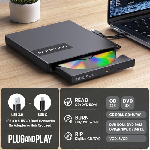 ROOFULL External CD DVD Drive with 4 USB Port & 2 SD Card Slot & Case | 8 In 1 USB-C 3.0 Optical Disk Drive CD DVD Player Burner Reader Writer for Laptop PC MacBook, Windows Linux Mac OS, RF40-SU - style: 8 In 1 Drive + Carrying Case