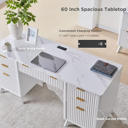 T4TREAM Fluted Executive Desk with Drawers, 60" Modern Home Office Computer Desk with Charging Station, File Cabinet, Keyboard Tray and Storage Cabinet for Study, Living Room, Bedroom, Solid White - color: Solid White