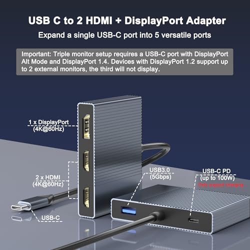USB C to Dual HDMI and DisplayPort Adapter with PD 100W/USB3.0, 5 IN 1 USB C Docking Station 3 Monitors, 4K@60Hz HDMI Splitter Extended Display for Dell/HP Laptop, DP MST/SST Hub for Multiple Monitors