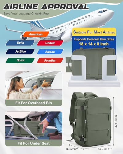 Travel Backpack for Women Men, Flight Approved Carry On Backpack with Compression Vacuum Storage Bags, 18x14x8 inches Personal Item Travel Bag with Pump Olive Green - color: Olive Green