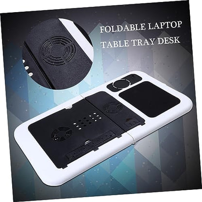 TEHAUX Foldable Laptop Table Tray Desk Quiet Fans Adjustable Height and Angle Non-Slip Legs Mouse Platform USB Cooling for Bed Sofa Couch Black and White Plastic Lap Desk
