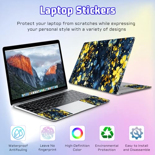 Universal Laptop Skin Sticker Decal, Compatible with MacBook HP Dell Lenovo 12"-15.6", Reusable Vinyl Notebook Cover 3PCS Set, High-Recognition Film-Gold Blue Leaf - color: Gold Blue leaf