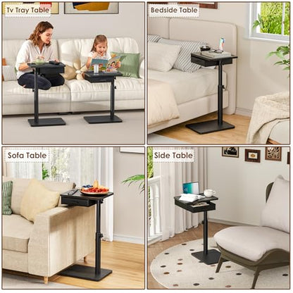 TV Tray with Drawer & Device Slot, Swivel Height Adjustable bedside table, Sofa Side Table for Eating, C Shaped Couch Table for Living Room & Bedroom, Portable Snack End Table for Couch & Bed, Black