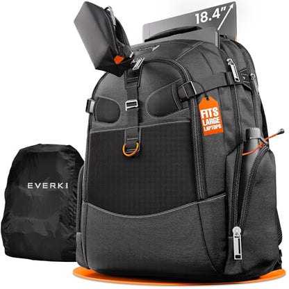 EVERKI Business 120 Laptop Backpack with Rain Cover, Black - 40L | Nylon, Polyester, Durable, Multi-Padded Pockets, Travel-Friendly, School & Work, 180° Fold-Out Design, Fits up to 18.4" - style: Business 120