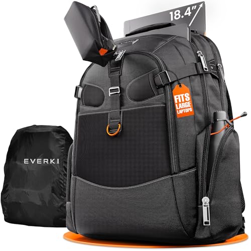 EVERKI Business 120 Laptop Backpack with Rain Cover, Black - 40L | Nylon, Polyester, Durable, Multi-Padded Pockets, Travel-Friendly, School & Work, 180° Fold-Out Design, Fits up to 18.4" - style: Business 120