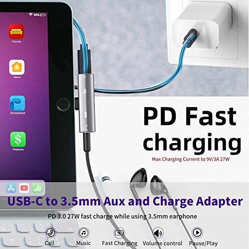USB C Headphone Adapter , 2 in 1 USB C to 3.5mm Headphone Jack HiFi DAC | 27W Fast Charging Dongle Adapter Compatible with iPhone 17/16/15 Pro Max, Samsung Galaxy S26/S25/S24/S23, Pixel 6/5