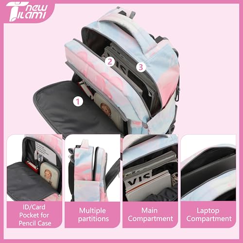 NEW TILAMI 18 Inch Rolling Backpack with Lunch Bag for Girls Boys School | 6-Wheel Stair-Climbing Girls Boys Carry-on Suitcase Water-Resistant Adjustable Trolley Handle Wheels School Travel Camping - color: Pink Sunset Glow