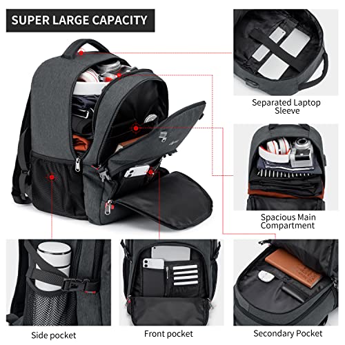 CAFELE Backpack,Waterproof Large 17in Laptop Backpack for Trip School Work Bookbag Computer Rucksack with USB Charging Port,Water Resistant Sturdy Backpack for Men Women,Grey | USB Charging Port, Water Resistant, Large Capacity, For Trip School Work - col