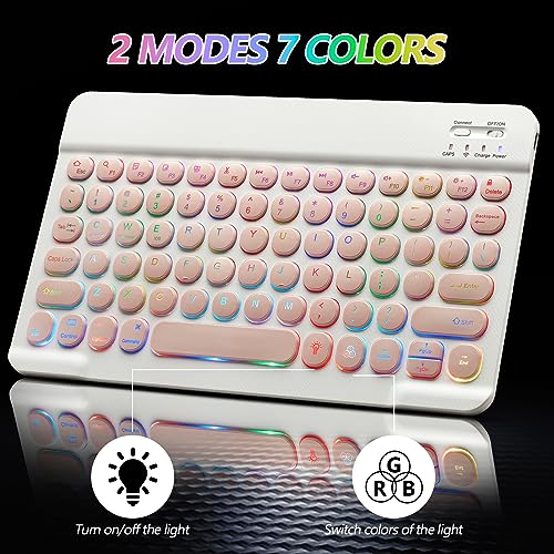 Bluetooth Keyboard and Mouse Combo for iPad - Rechargeable Wireless Keyboard & Mouse with 7-Color Backlit Compatible with iPad 9th/8th Gen, iPad Pro/Air/Mini, iPhone14/13/12 Pro, Round Keys Pink - color: pink
