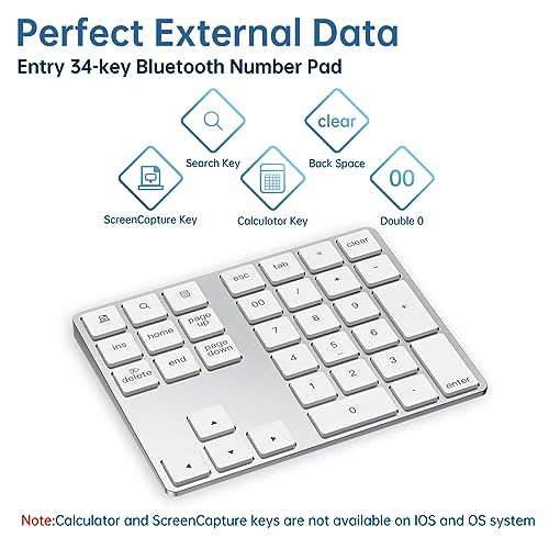 Bluetooth Number Pad, Rechargeable Wireless Numeric Keypad Slim 34-Keys Aluminum Number Keypad External Data Entry Compatible for Laptop - color: Silver, size: Regular 326