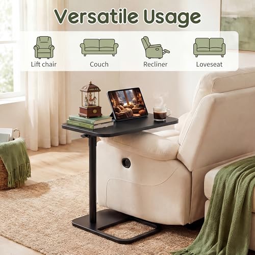 YUHFERA Couch Table, 360° Swivel Adjustable TV Tray for Small Spaces, Black | Height-adjustable sofa side table slides under seating for eating, reading, laptop work, and everyday essentials - color: Black