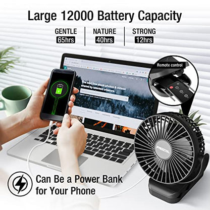 Clip on Fan, 65H Working Time Rechargeable Fan with LED Lights/Remote/Hooks | 12000mAh Battery Powered Fan with Strong Clamp, Small Desk Fan Mini Fans for Tents Travel Outdoor Camping Golf Cart, Black - color: Black