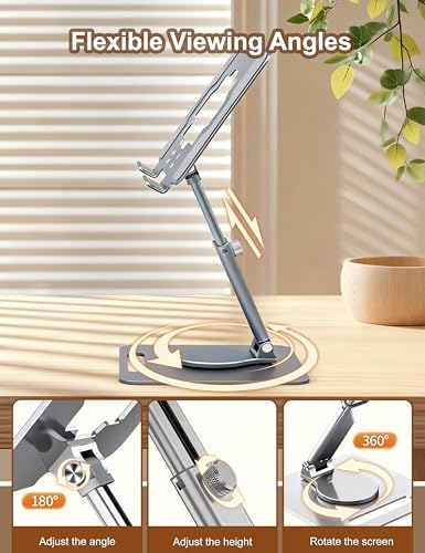 Full Metal Tablet Stand for Desk, 360° Swivel Height Adjustable | 8.7" sit-stand height, aluminum carbon steel, anti-slip silicone pads, hollow cooling, foldable, fits 4.7-13" iPad & tablets - color: Gray-green