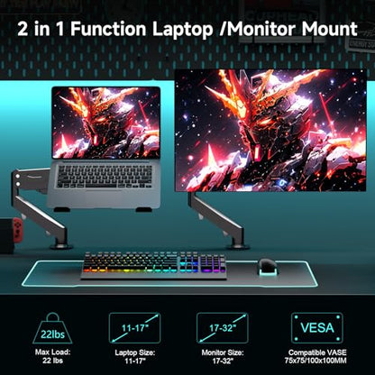Pholiten 2 in 1 Laptop Desk Mount with Gas Spring Arm | Monitor Laptop Stand for 12-17" Notebook and 13-32" Computer Screen,Full Motion with Vented Tray, Holds 22lbs