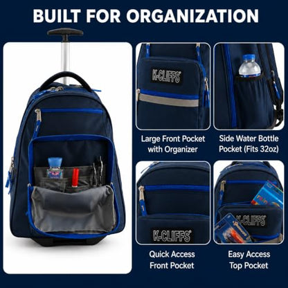 Heavy Duty Rolling Backpack School Bookbag with Wheels Deluxe Wheeled Daypack - color: Navy