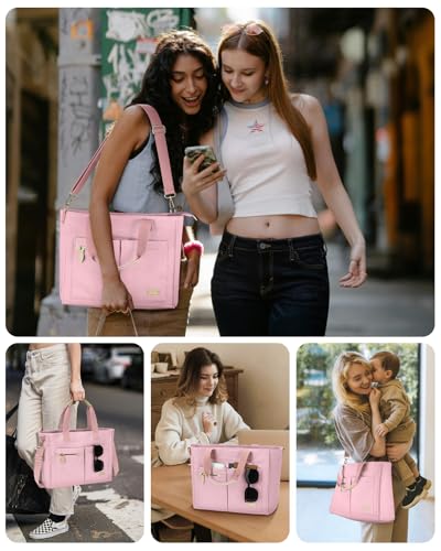Tuwubi Canvas Tote Bag for Women, Large Tote Bag with Zipper & Compartments for Travel Work College Teacher Nurse - color: Pink