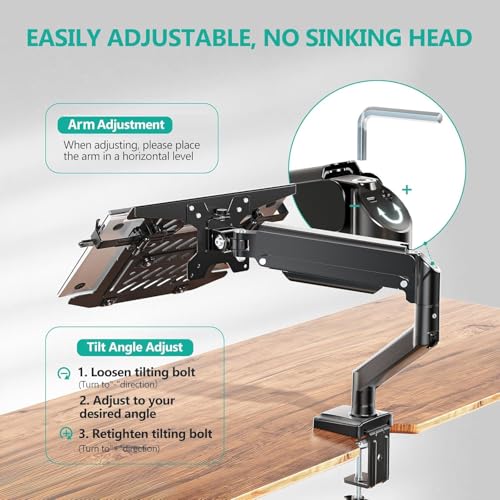 WALI Laptop Desk Mount, Single Monitor Arm with Laptop Holder, Adjustable Height Laptop Arm Mount for Desk, Fits 17” Notebook and 34” Monitors, Up to 22-26.4Lbs (GSMP001LPN), Black - size: Width 16.5", Fully Adjustable Desk Mount