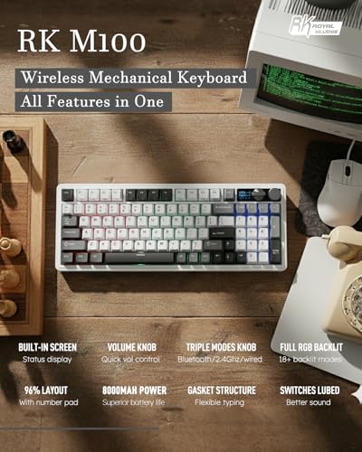 RK ROYAL KLUDGE M100 Wireless Mechanical Keyboard w/Screen & Dual Knobs, Tri-Mode Gasket Mount Gaming Keyboard with Number Pad, Hot Swappable Cream Switch, White - color: White