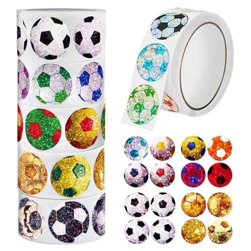 1000Pcs Soccer Stickers Roll, 2.5cm Sports Football Stickers for Water Bottles, Vinyl Self-Adhesive Small Soccer Decals for Laptop Scrapbook Cup Skateboard Gift Team Supplies