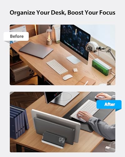 AboveTEK Vertical Laptop Stand, 3 Slots Aluminum Desk Laptop Holder & Laptop Docking Station Stand for MacBook, Tablet, Phone - Universal Fit (Up to 17.3") - Heavy Duty Polished, Anti Slide - Silver - color: Silver
