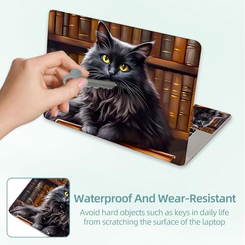 Universal Laptop Skin Decal, 3-Piece Vinyl Protector for 12 13 14 15.6" Notebook, Waterproof Anti-Scratch, Easy Trim & Bubble-Free Finish, Black Cat Sitting Book - color: Black Cat Sitting Book