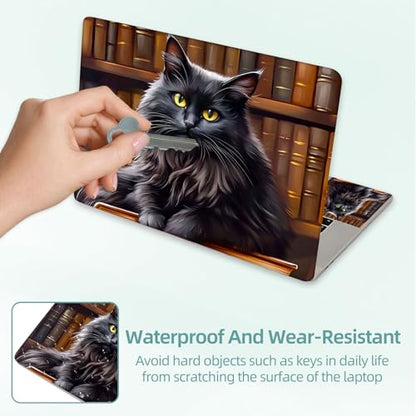 Universal Laptop Skin Decal, 3-Piece Vinyl Protector for 12 13 14 15.6" Notebook, Waterproof Anti-Scratch, Easy Trim & Bubble-Free Finish, Black Cat Sitting Book - color: Black Cat Sitting Book