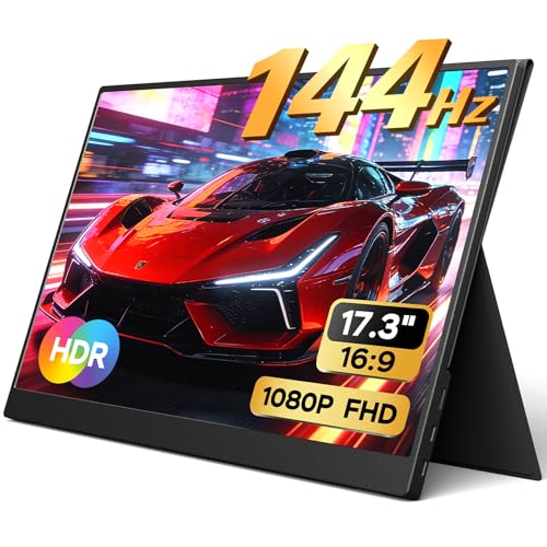 Yxk Portable Monitor 17.3 Inch 1080P 144Hz IPS HDR Ultra-Slim Travel Monitor with Dual Speakers USB-C HDMI Second Screen for Laptop PC Mac Phone Xbox PS4/5 Switch, VESA Kickstand with Cover Stand - size: 17.3