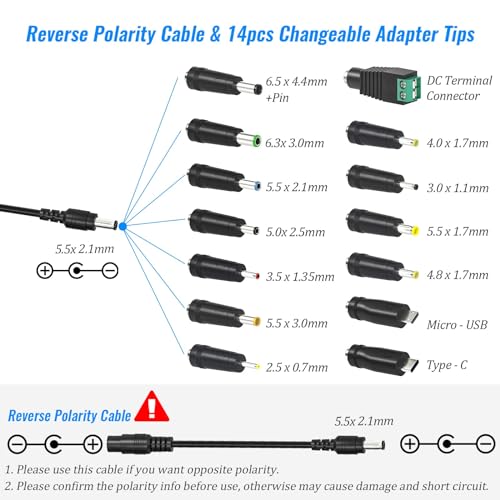 SoulBay 72W Universal Power Supply, 3V-24V 3A, Volt Display, 14 Tips | Adjustable AC/DC Adapter, Reverse Polarity Cable, 3000mA Max, For Household Electronics, LED Strips, Routers, Cameras