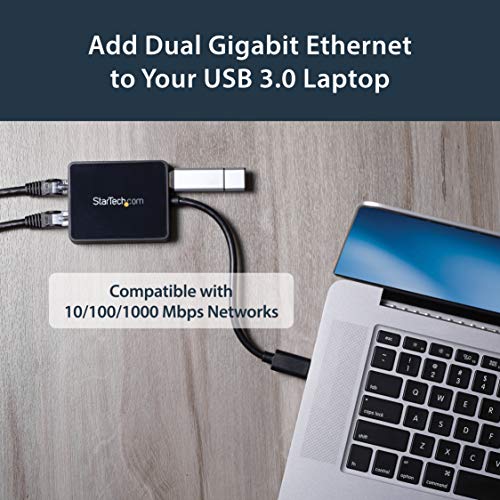 StarTech USB 3.0 Dual Gigabit Ethernet Adapter, w/USB Port (USB32000SPT) | 10/100/1000Mbps, USB Gigabit LAN Network NIC Adapter, With USB Port - color: Black, style: Black