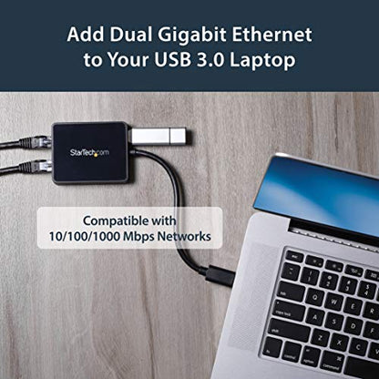 StarTech USB 3.0 Dual Gigabit Ethernet Adapter, w/USB Port (USB32000SPT) | 10/100/1000Mbps, USB Gigabit LAN Network NIC Adapter, With USB Port - color: Black, style: Black