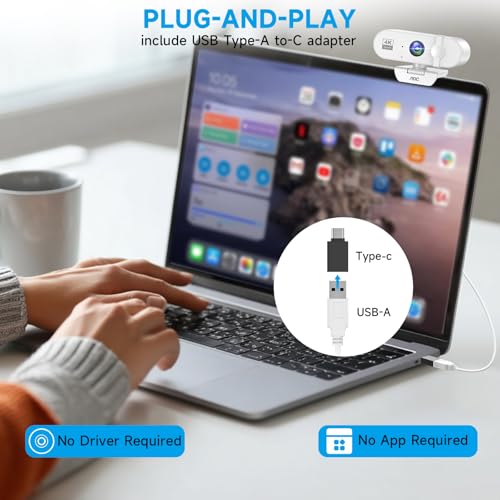 AOC 4K Webcam for PC, Streaming Camera with Noise-Canceling Mic, White | 90° FOV, Privacy Cover, Plug & Play, Zoom/Skype/FaceTime Compatible, Works with Mac/Laptop/Switch 2, USB C-A Adapter Included - color: white