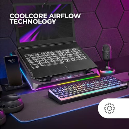 Mars Gaming MNBC Ultra, Cooling Base and Stand, 140 mm Fan, CoolCore Airflow Technology, RGB Chroma, 5 Positions, Compatible with Laptops up to 18 Inches, Smartphone Holder, 4 x USB-A, Black