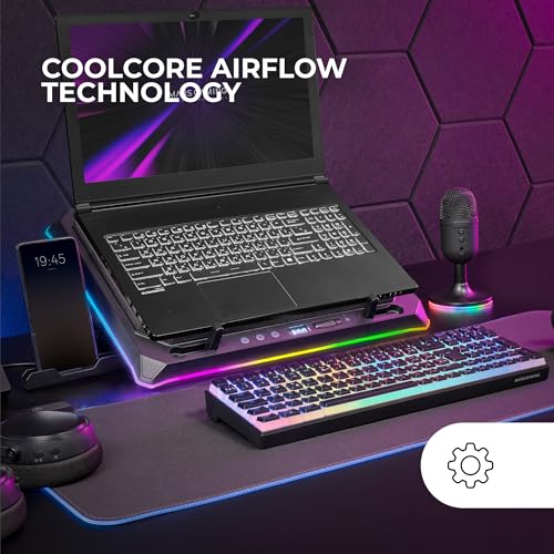 Mars Gaming MNBC Ultra, Cooling Base and Stand, 140 mm Fan, CoolCore Airflow Technology, RGB Chroma, 5 Positions, Compatible with Laptops up to 18 Inches, Smartphone Holder, 4 x USB-A, Black