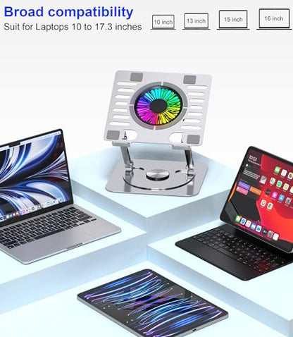 Laptop Stand,with 360°Rotating Base,External Cooling Fan,Adjustable RGB Lighting,Ergonomic Foldable Notebook Computer Holder.Compatible with All 10-17" Laptops Tablets,Silver - color: Silver