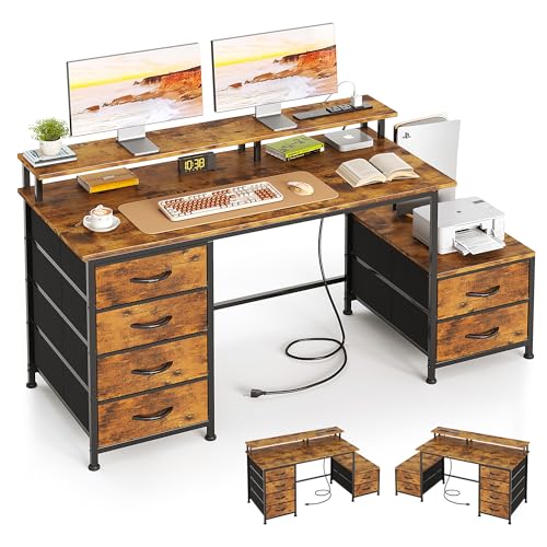 52 Inch Office Desk with 6 Drawers and Printer Space for Storage, Reversible Computer Desk with Monitor Stand & Power Outlets, Home Office Desks, Vintage - color: Rustic Brown