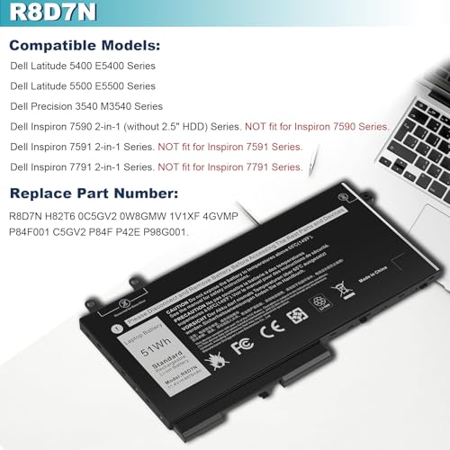 Futurebatt R8D7N 1V1XF Laptop Battery Replacement for Dell Inspiron 3540 M3550 Latitude 5400 5500 5510 7590/7591/7791 2-in-1 P80F P80F001 P84F H82T6 0C5GV2 W8GMW 0W8GMW 0R8D7N - size: R8D7N 8.94 4.96 0.71in