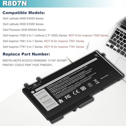 Futurebatt R8D7N 1V1XF Laptop Battery Replacement for Dell Inspiron 3540 M3550 Latitude 5400 5500 5510 7590/7591/7791 2-in-1 P80F P80F001 P84F H82T6 0C5GV2 W8GMW 0W8GMW 0R8D7N - size: R8D7N 8.94 4.96 0.71in