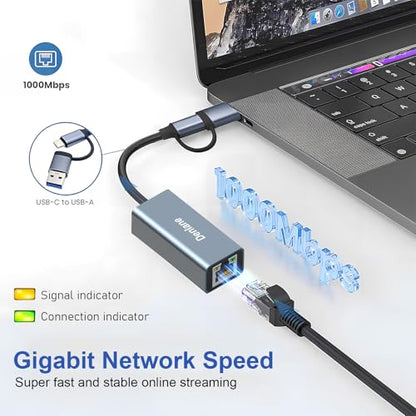 USB 3.0 to Ethernet Adapter, Ethernet to USB C Adapter 2 Connector 1000Mbps | Denlane RJ45 Gigabit Network Adapter LAN Converter for iPhone 15 16 17/USB-C iPad, MacBook/Pro/Air, Laptop, Windows 11/10/8/7