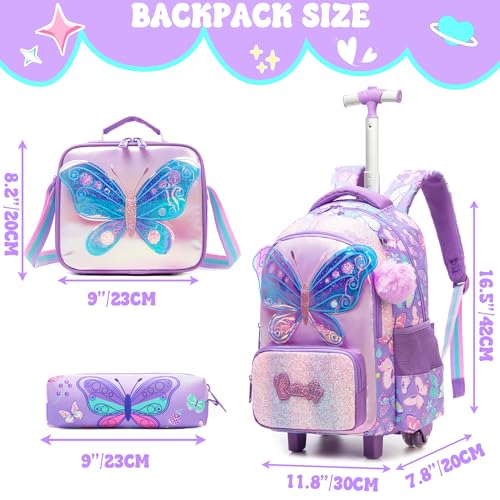Meetbelify Girls Rolling Backpack with Wheels for Kids 3D Butterfly School Roller Backpack,Carry on Travel Luggage with Lunch Bag and Pencil Case for Girls Ages 5-12 - color: 01 Butterfly