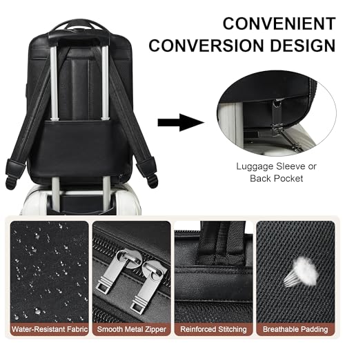 Vegan Leather Laptop Backpack for Women and Men Fits 16 Inch Laptop | Water Resistant,28L Expandable Computer Backpack Purse,USB Charging Port,Travel Work Business College Teacher Nurse - color: Two-toned Black