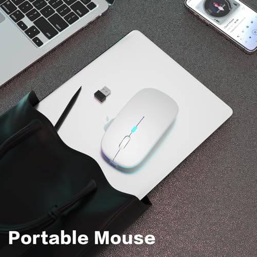 AIKOKOK Wireless Bluetooth Mouse, Rechargeable, Dual Mode Bluetooth 5.2 & 2.4G USB, LED Lights, Slim, Silent, Portable Computer Mouse for Laptop, PC, MacBook, iPad, Tablet (White) - color: White