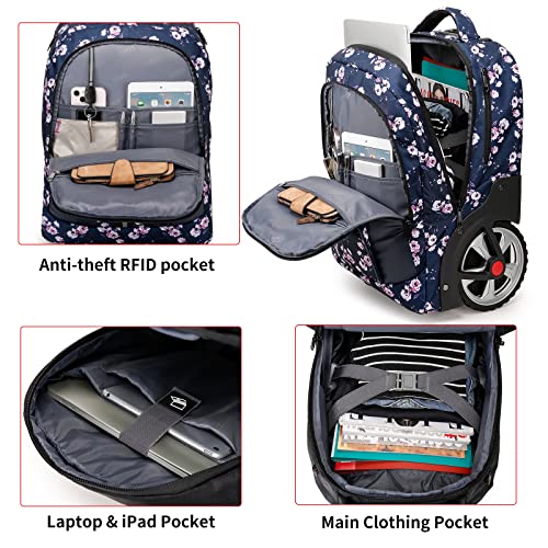 YH&GS Rolling Backpack Floral, Waterproof with Wheels for Business, College Student and Travel Commuter, Carry on Laptop Compartment, Fit 17 Inch Laptop, Wheeled Adults, 20inch - color: Floral
