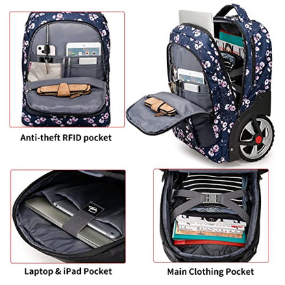 YH&GS Rolling Backpack Floral, Waterproof with Wheels for Business, College Student and Travel Commuter, Carry on Laptop Compartment, Fit 17 Inch Laptop, Wheeled Adults, 20inch - color: Floral