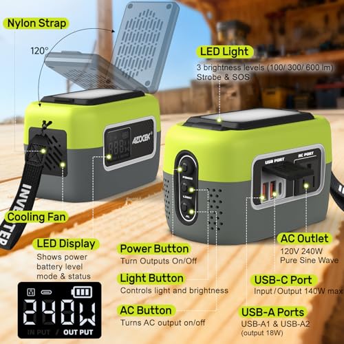 240W Power Inverter Pure Sine Wave Compatible with Ryobi 18V Battery | No Battery, 7A Fast Charger, Portable Power Station with 120V AC Outlets, USB-C (140W), 2 QC USB Ports(18W), 600LM LED(Green) - color: Green